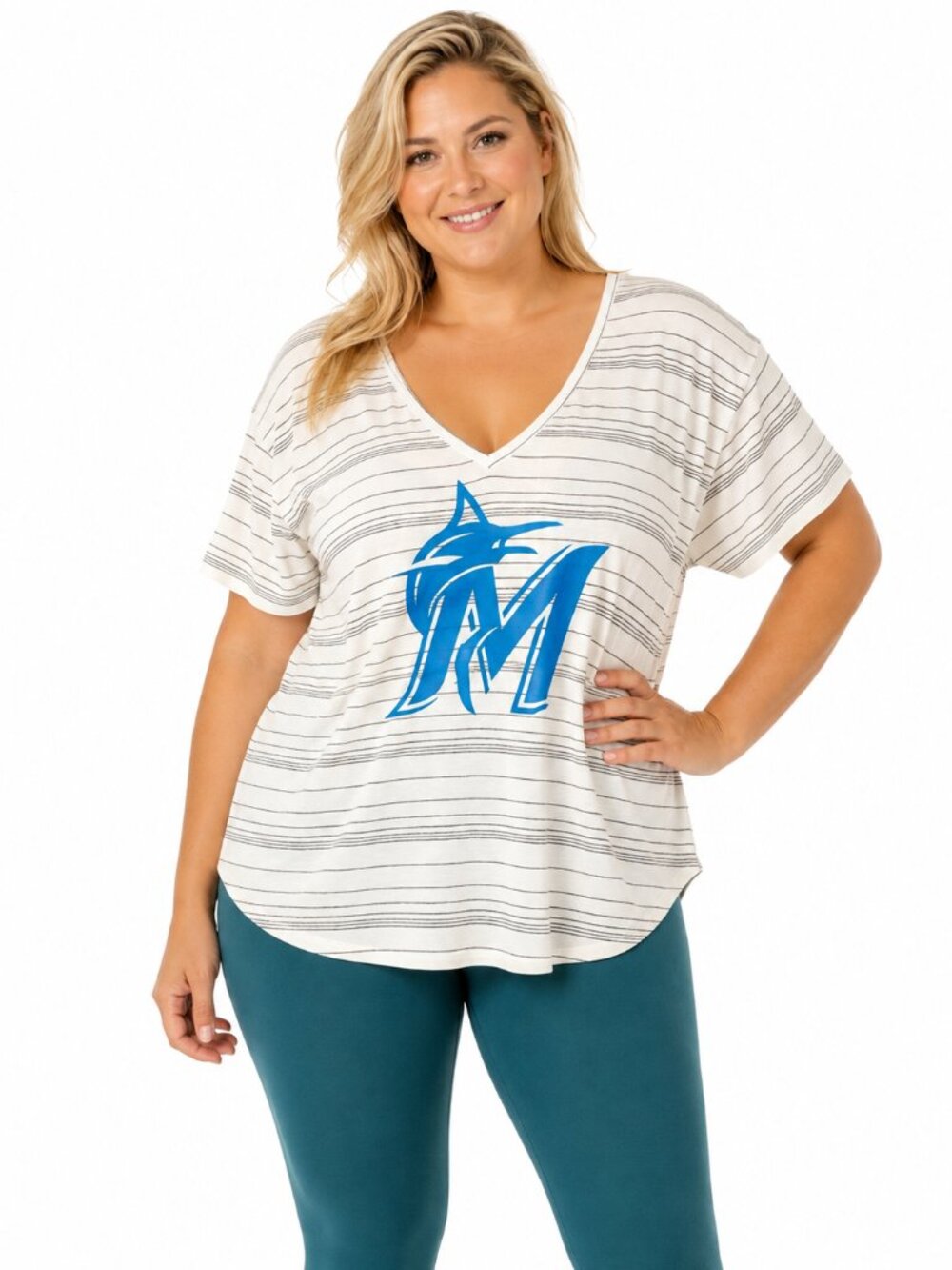 MIAMI MARLINS Womens Top Size XL Knit T Shirt Stretchy Soft Teal Logo Stripes